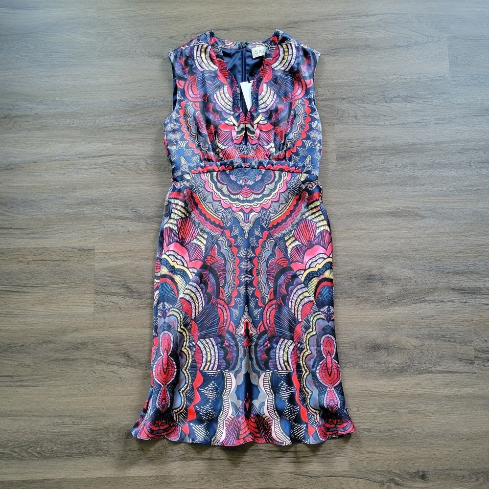 SALONI Navy Nightfall Prism Plmt Tabitha-B Silk Satin Dress NWT Size 8